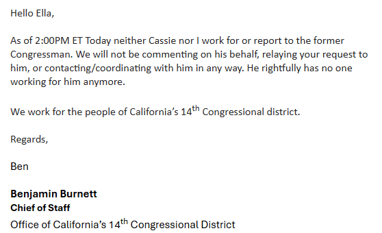 Eric Swalwell’s chief of staff gives stinging nine-word message amid rape scandal